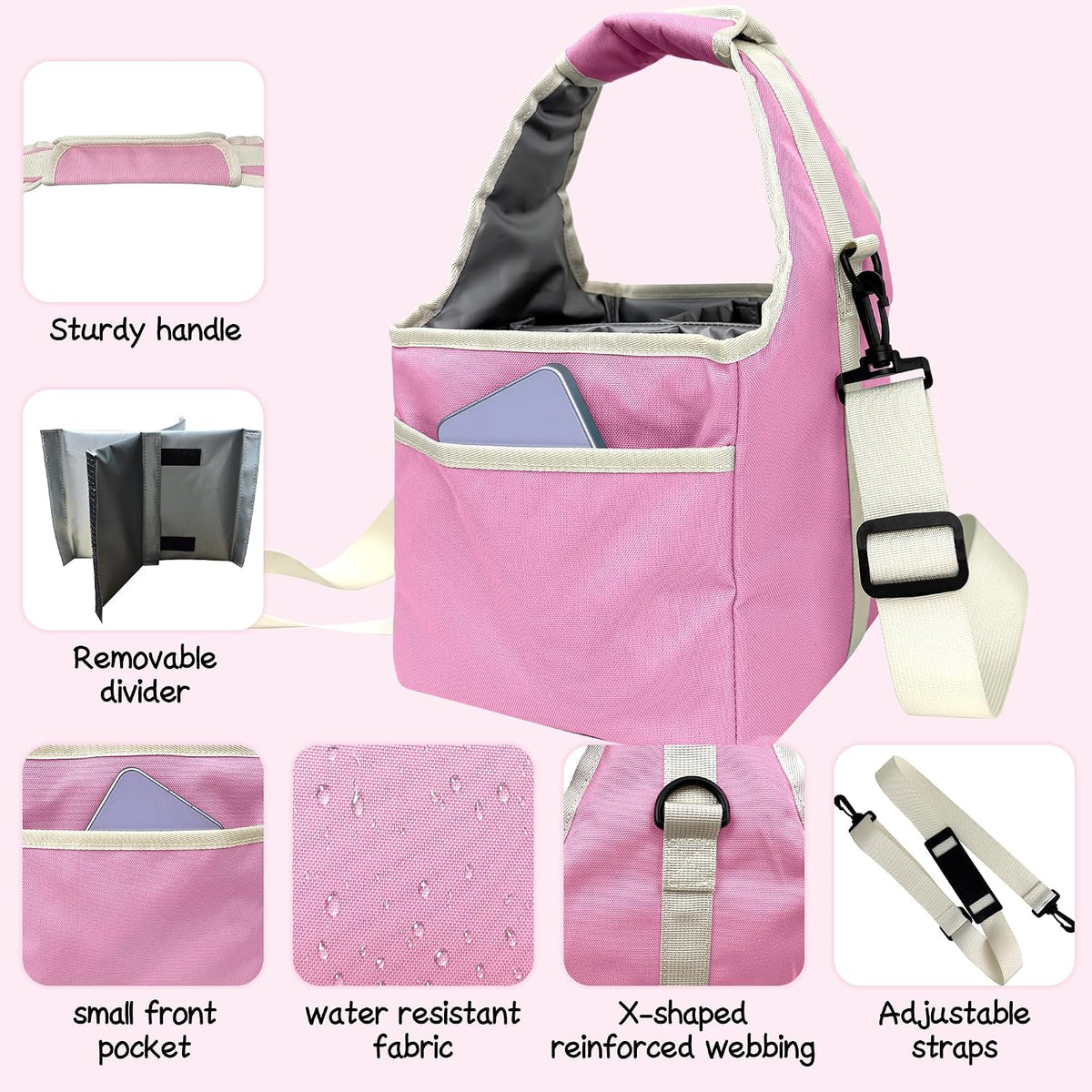Drink Carrier Tote Bag with Handle Family Size 4 Compartment Water Bottle Holder with Adjustable Shoulder Strap & Removable Dividers Multiple Tumbler Caddy for Car,Delivery,Family Outings