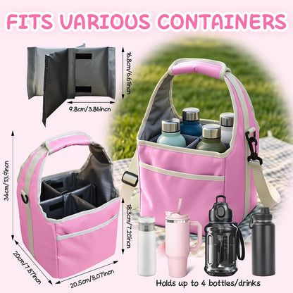Drink Carrier Tote Bag with Handle Family Size 4 Compartment Water Bottle Holder with Adjustable Shoulder Strap & Removable Dividers Multiple Tumbler Caddy for Car,Delivery,Family Outings