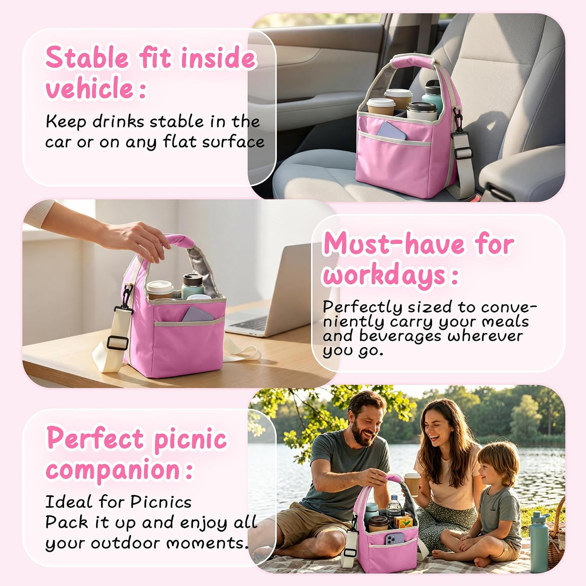 Drink Carrier Tote Bag with Handle Family Size 4 Compartment Water Bottle Holder with Adjustable Shoulder Strap & Removable Dividers Multiple Tumbler Caddy for Car,Delivery,Family Outings