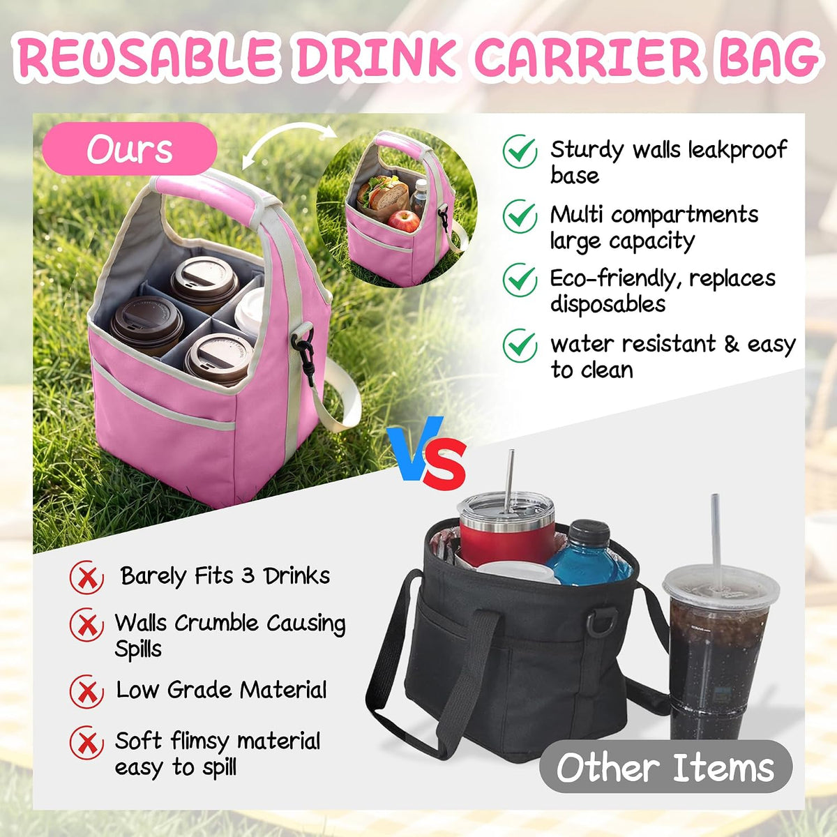 Drink Carrier Tote Bag with Handle Family Size 4 Compartment Water Bottle Holder with Adjustable Shoulder Strap & Removable Dividers Multiple Tumbler Caddy for Car,Delivery,Family Outings