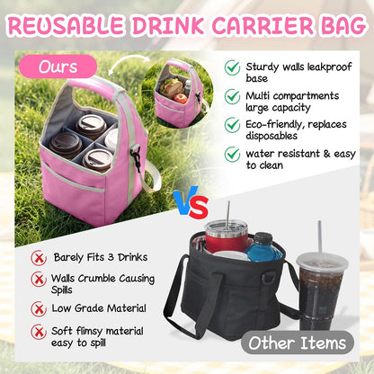 Drink Carrier Tote Bag with Handle Family Size 4 Compartment Water Bottle Holder with Adjustable Shoulder Strap & Removable Dividers Multiple Tumbler Caddy for Car,Delivery,Family Outings