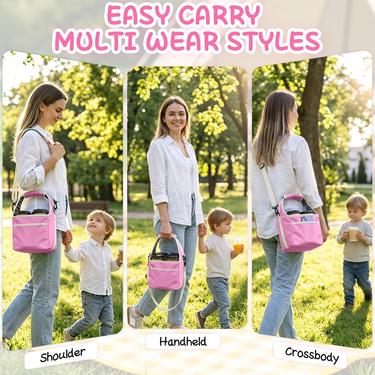 Drink Carrier Tote Bag with Handle Family Size 4 Compartment Water Bottle Holder with Adjustable Shoulder Strap & Removable Dividers Multiple Tumbler Caddy for Car,Delivery,Family Outings
