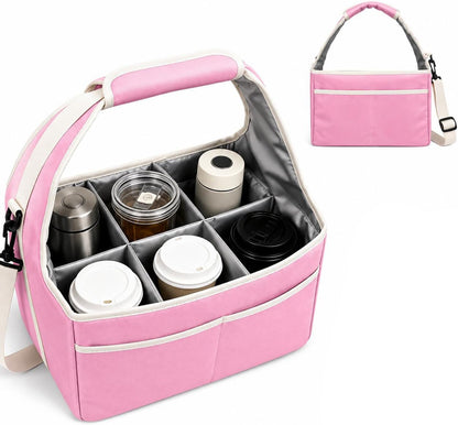 Drink Carrier Tote Bag with Handle Family Size 4 Compartment Water Bottle Holder with Adjustable Shoulder Strap & Removable Dividers Multiple Tumbler Caddy for Car,Delivery,Family Outings