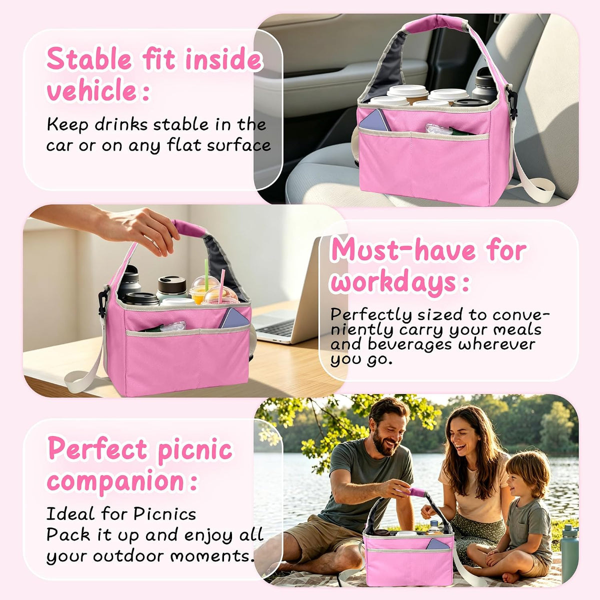 Drink Carrier Tote Bag with Handle Family Size 4 Compartment Water Bottle Holder with Adjustable Shoulder Strap & Removable Dividers Multiple Tumbler Caddy for Car,Delivery,Family Outings