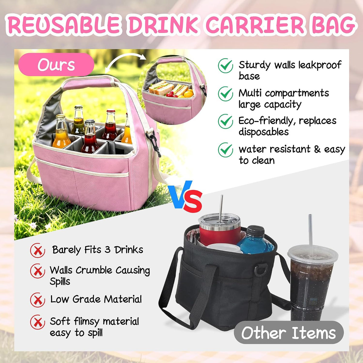Drink Carrier Tote Bag with Handle Family Size 4 Compartment Water Bottle Holder with Adjustable Shoulder Strap & Removable Dividers Multiple Tumbler Caddy for Car,Delivery,Family Outings