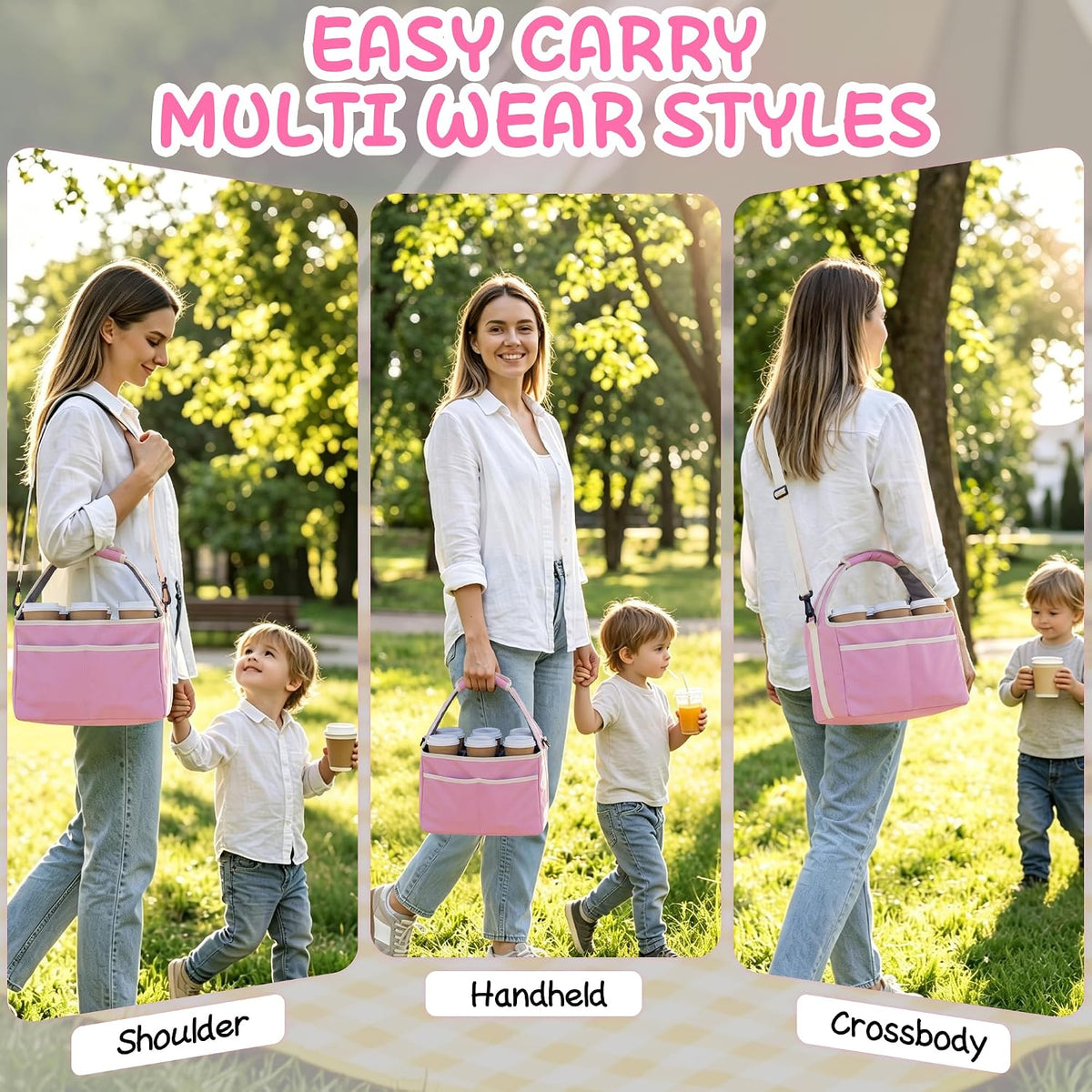 Drink Carrier Tote Bag with Handle Family Size 4 Compartment Water Bottle Holder with Adjustable Shoulder Strap & Removable Dividers Multiple Tumbler Caddy for Car,Delivery,Family Outings