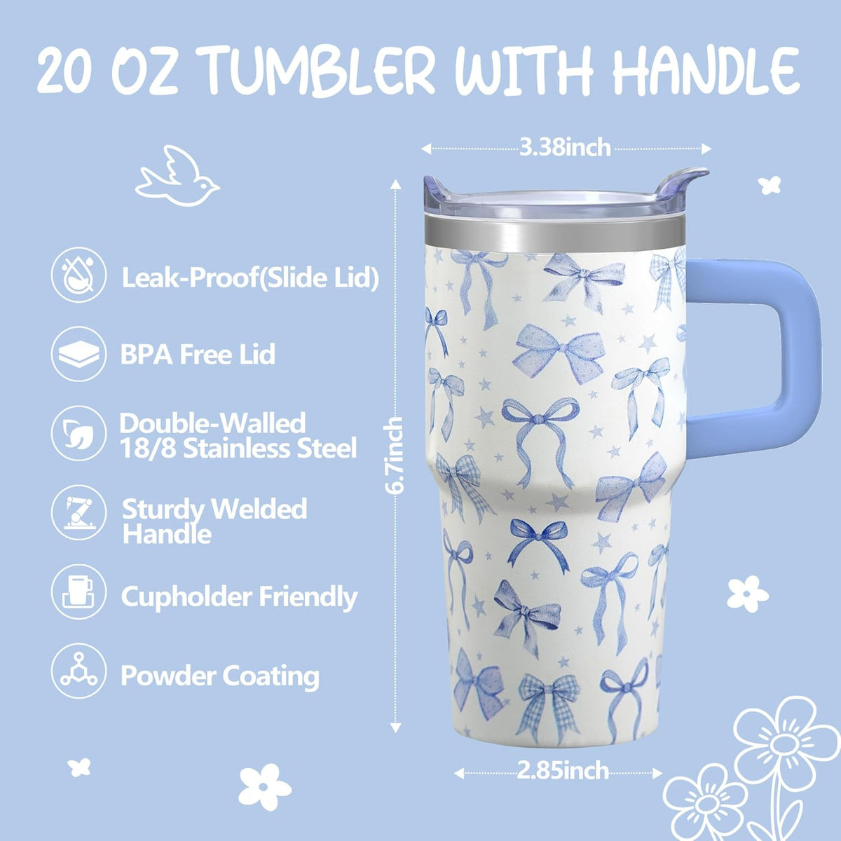 20oz Elegant Tulip Floral Insulated Tumbler with Handle, Premium Stainless Steel Water Bottle with Rotating Lid Straw, Romantic Garden Gift for Women Girls Birthday Christmas Back to School