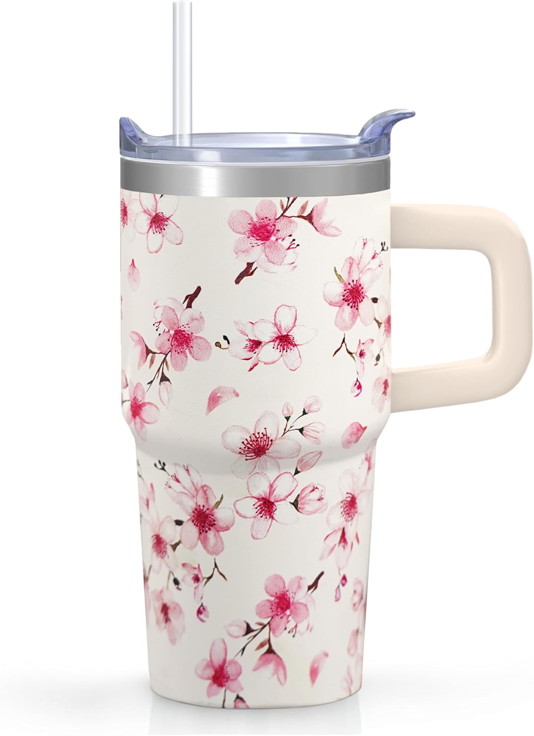 20oz Elegant Tulip Floral Insulated Tumbler with Handle, Premium Stainless Steel Water Bottle with Rotating Lid Straw, Romantic Garden Gift for Women Girls Birthday Christmas Back to School
