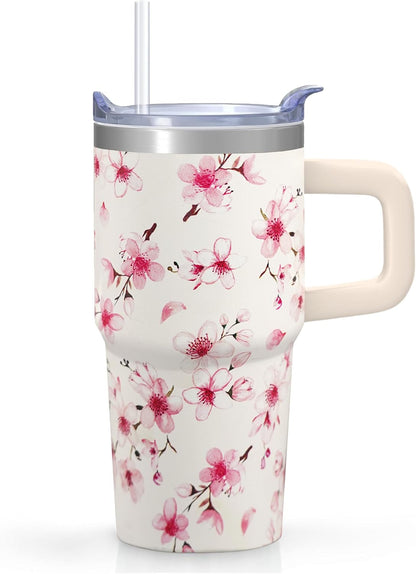 20oz Elegant Tulip Floral Insulated Tumbler with Handle, Premium Stainless Steel Water Bottle with Rotating Lid Straw, Romantic Garden Gift for Women Girls Birthday Christmas Back to School