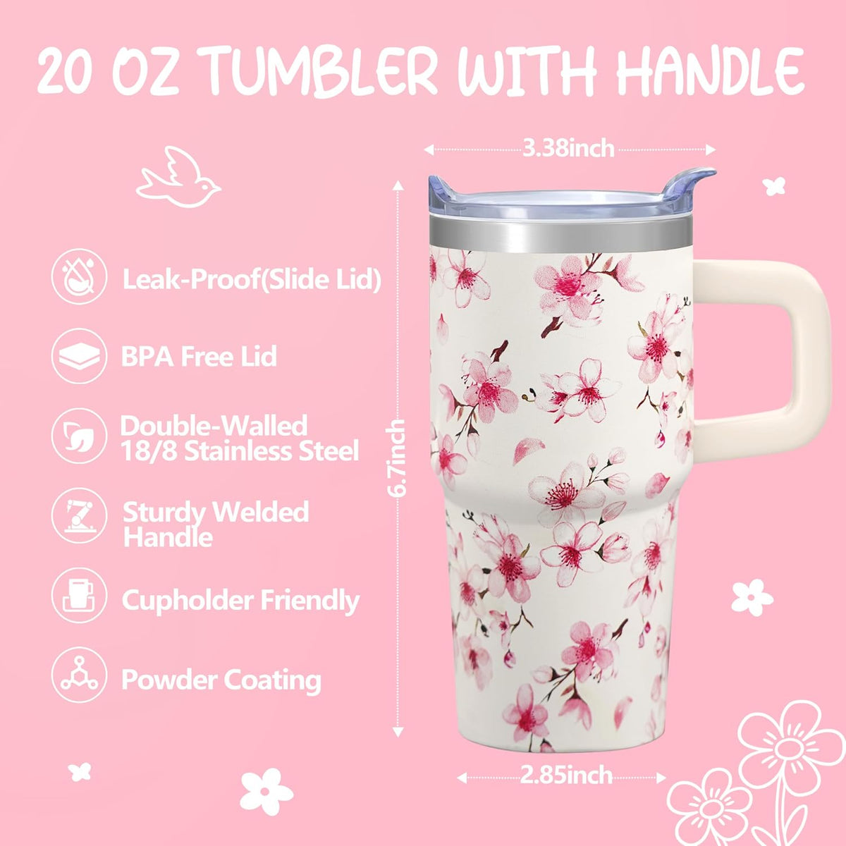 20oz Elegant Tulip Floral Insulated Tumbler with Handle, Premium Stainless Steel Water Bottle with Rotating Lid Straw, Romantic Garden Gift for Women Girls Birthday Christmas Back to School