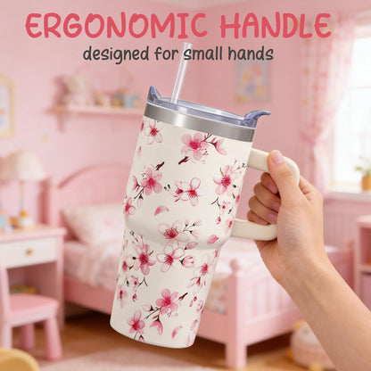 20oz Elegant Tulip Floral Insulated Tumbler with Handle, Premium Stainless Steel Water Bottle with Rotating Lid Straw, Romantic Garden Gift for Women Girls Birthday Christmas Back to School