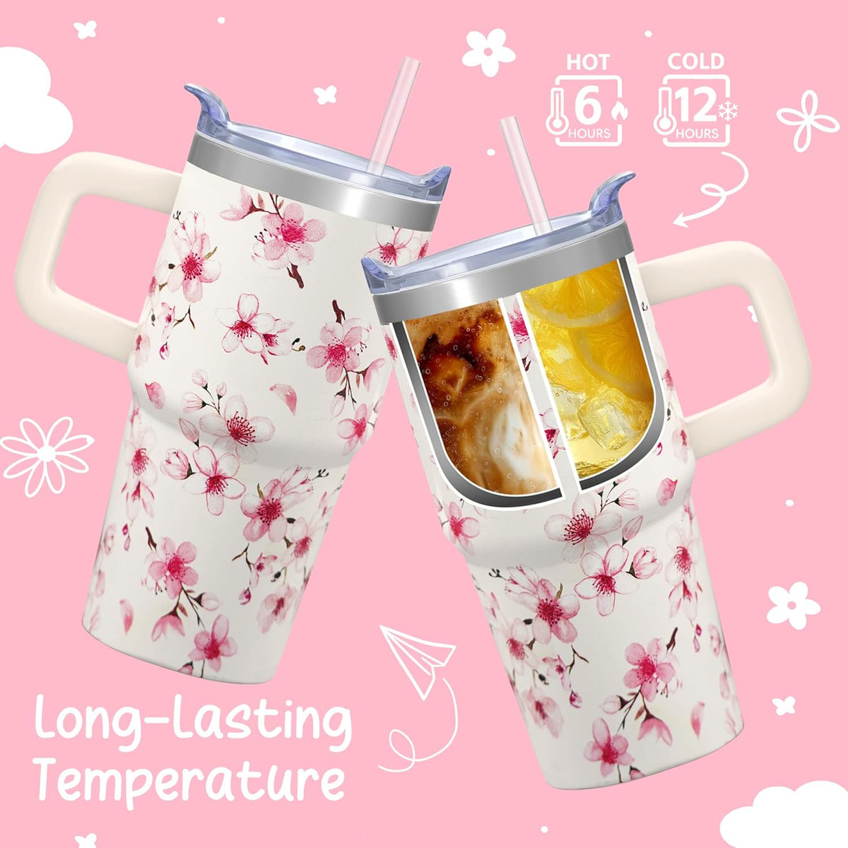 20oz Elegant Tulip Floral Insulated Tumbler with Handle, Premium Stainless Steel Water Bottle with Rotating Lid Straw, Romantic Garden Gift for Women Girls Birthday Christmas Back to School