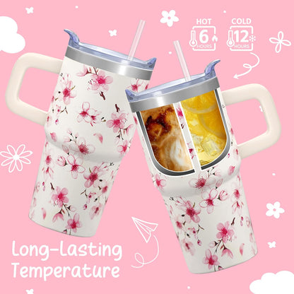 20oz Elegant Tulip Floral Insulated Tumbler with Handle, Premium Stainless Steel Water Bottle with Rotating Lid Straw, Romantic Garden Gift for Women Girls Birthday Christmas Back to School