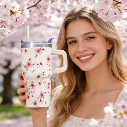 20oz Elegant Tulip Floral Insulated Tumbler with Handle, Premium Stainless Steel Water Bottle with Rotating Lid Straw, Romantic Garden Gift for Women Girls Birthday Christmas Back to School