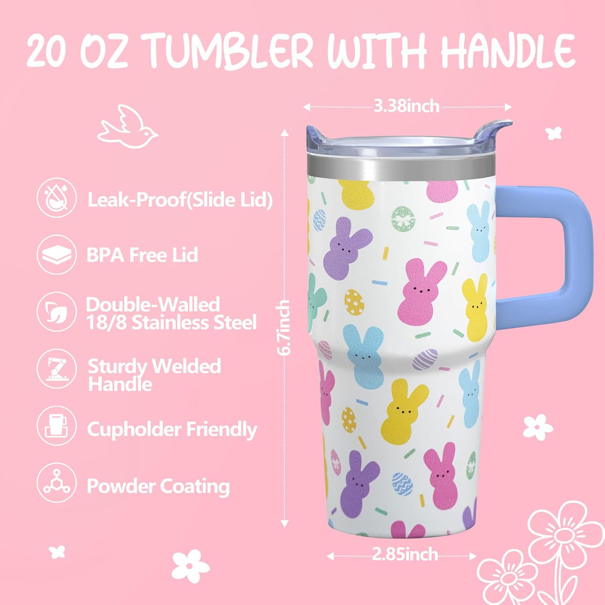 20oz Elegant Tulip Floral Insulated Tumbler with Handle, Premium Stainless Steel Water Bottle with Rotating Lid Straw, Romantic Garden Gift for Women Girls Birthday Christmas Back to School