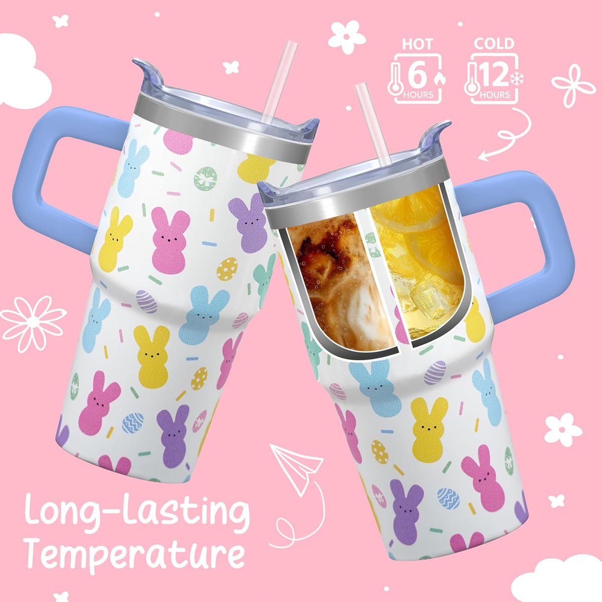 20oz Elegant Tulip Floral Insulated Tumbler with Handle, Premium Stainless Steel Water Bottle with Rotating Lid Straw, Romantic Garden Gift for Women Girls Birthday Christmas Back to School