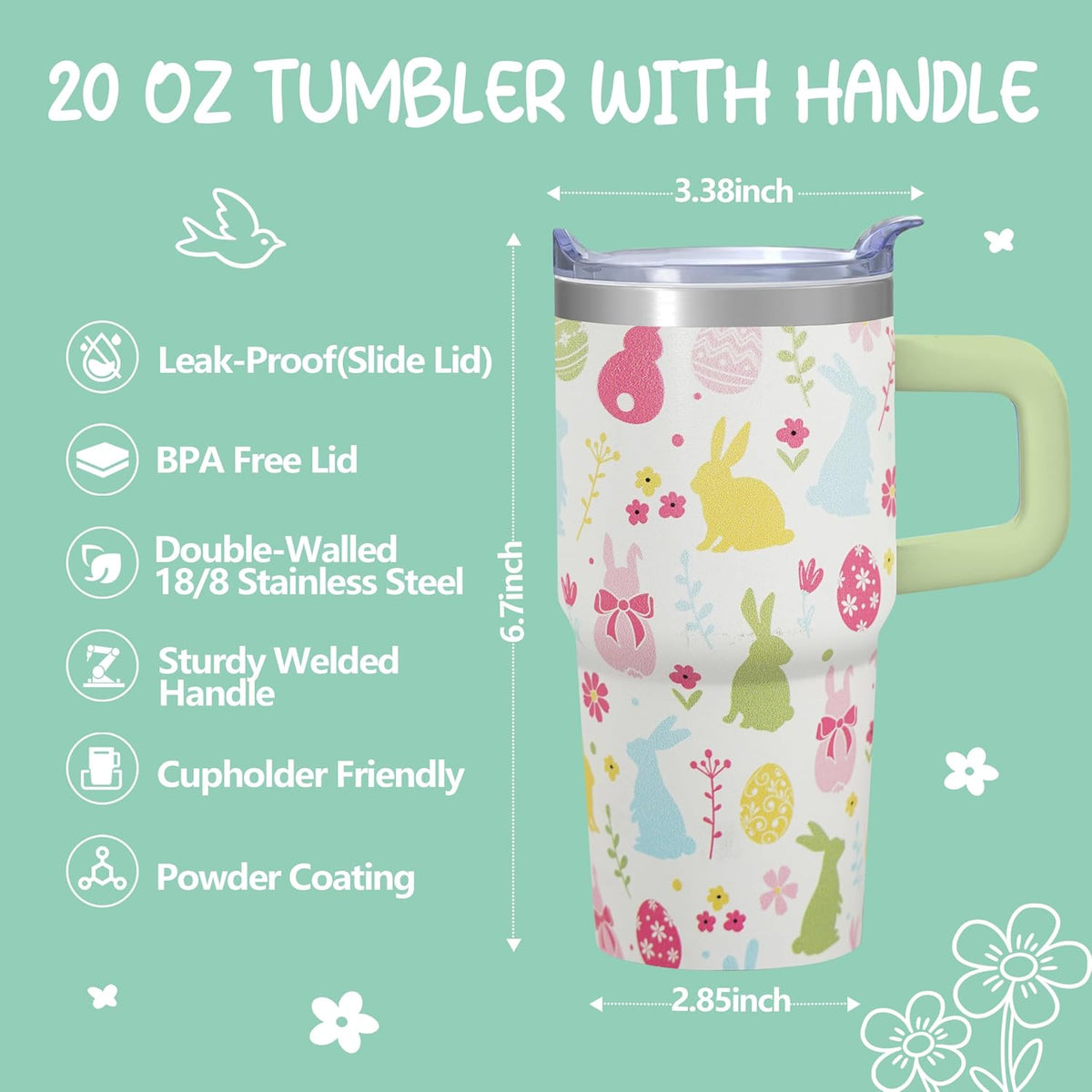 20oz Elegant Tulip Floral Insulated Tumbler with Handle, Premium Stainless Steel Water Bottle with Rotating Lid Straw, Romantic Garden Gift for Women Girls Birthday Christmas Back to School