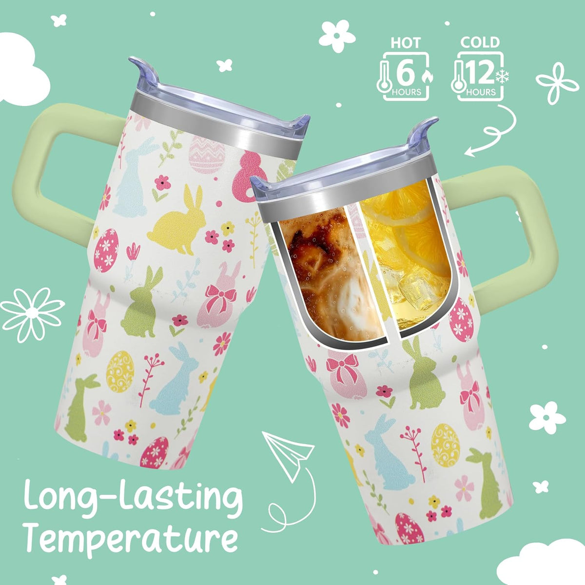 20oz Elegant Tulip Floral Insulated Tumbler with Handle, Premium Stainless Steel Water Bottle with Rotating Lid Straw, Romantic Garden Gift for Women Girls Birthday Christmas Back to School