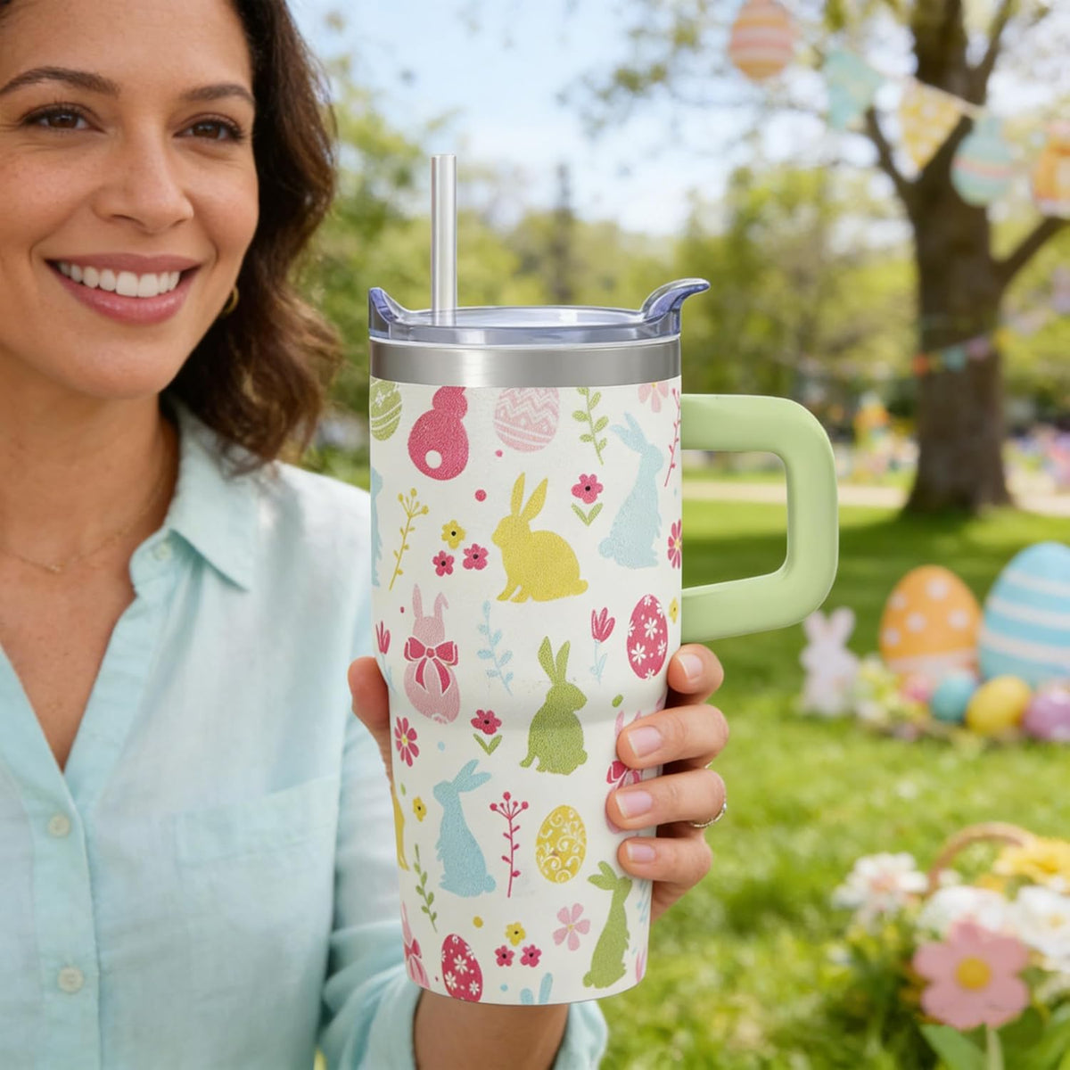 20oz Elegant Tulip Floral Insulated Tumbler with Handle, Premium Stainless Steel Water Bottle with Rotating Lid Straw, Romantic Garden Gift for Women Girls Birthday Christmas Back to School