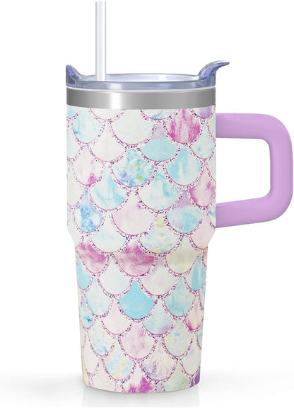 20oz Elegant Tulip Floral Insulated Tumbler with Handle, Premium Stainless Steel Water Bottle with Rotating Lid Straw, Romantic Garden Gift for Women Girls Birthday Christmas Back to School