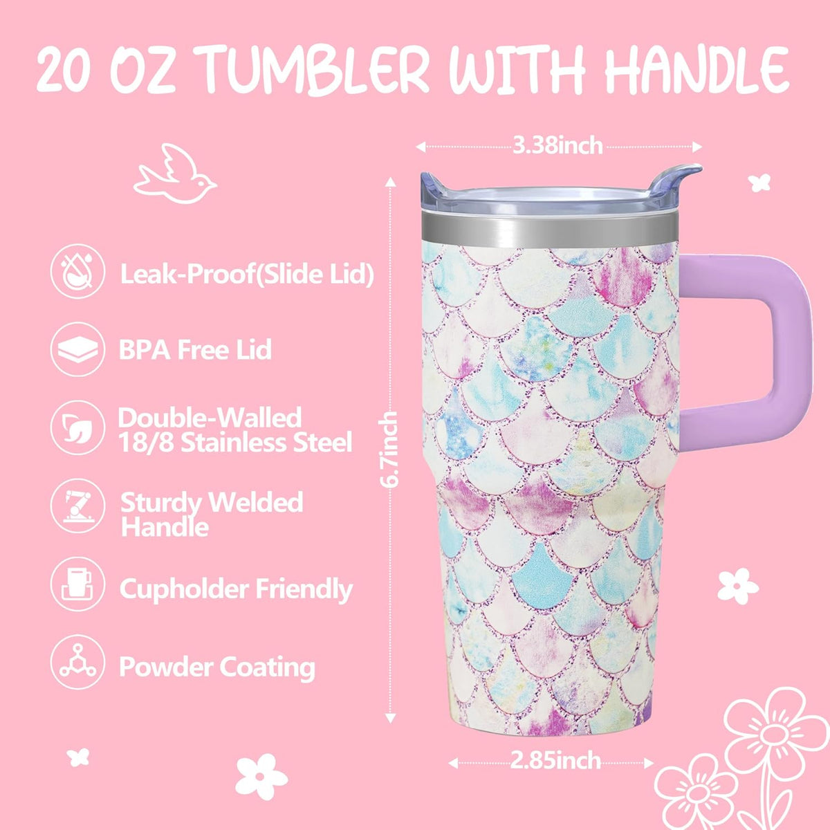 20oz Elegant Tulip Floral Insulated Tumbler with Handle, Premium Stainless Steel Water Bottle with Rotating Lid Straw, Romantic Garden Gift for Women Girls Birthday Christmas Back to School