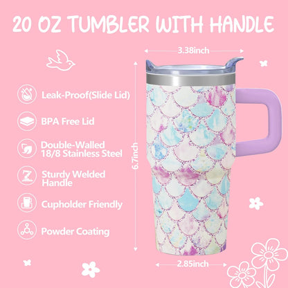 20oz Elegant Tulip Floral Insulated Tumbler with Handle, Premium Stainless Steel Water Bottle with Rotating Lid Straw, Romantic Garden Gift for Women Girls Birthday Christmas Back to School