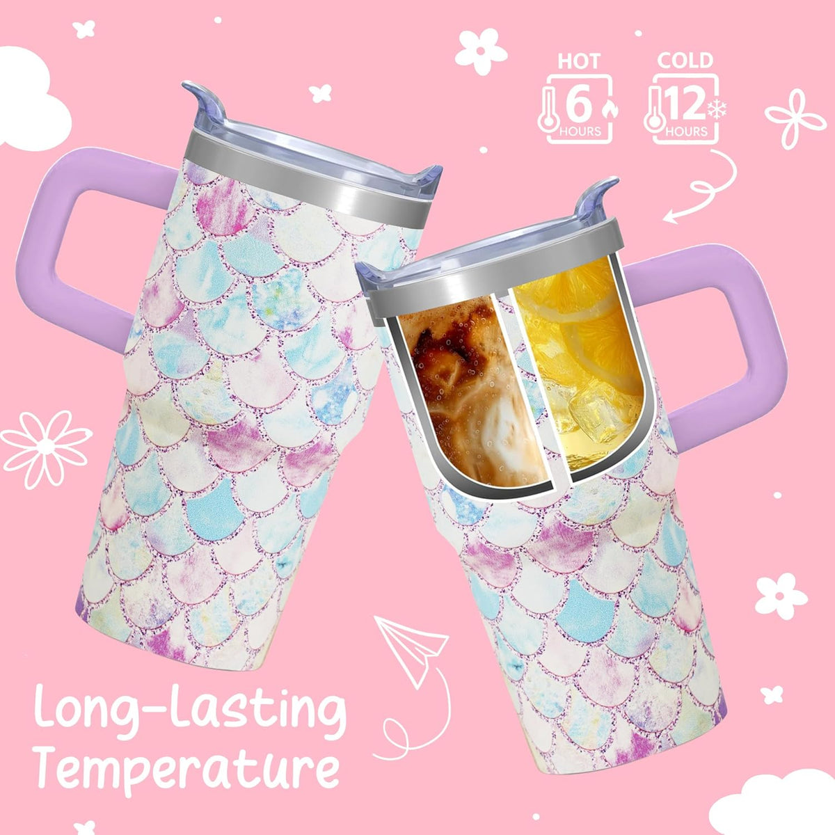 20oz Elegant Tulip Floral Insulated Tumbler with Handle, Premium Stainless Steel Water Bottle with Rotating Lid Straw, Romantic Garden Gift for Women Girls Birthday Christmas Back to School