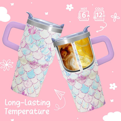 20oz Elegant Tulip Floral Insulated Tumbler with Handle, Premium Stainless Steel Water Bottle with Rotating Lid Straw, Romantic Garden Gift for Women Girls Birthday Christmas Back to School