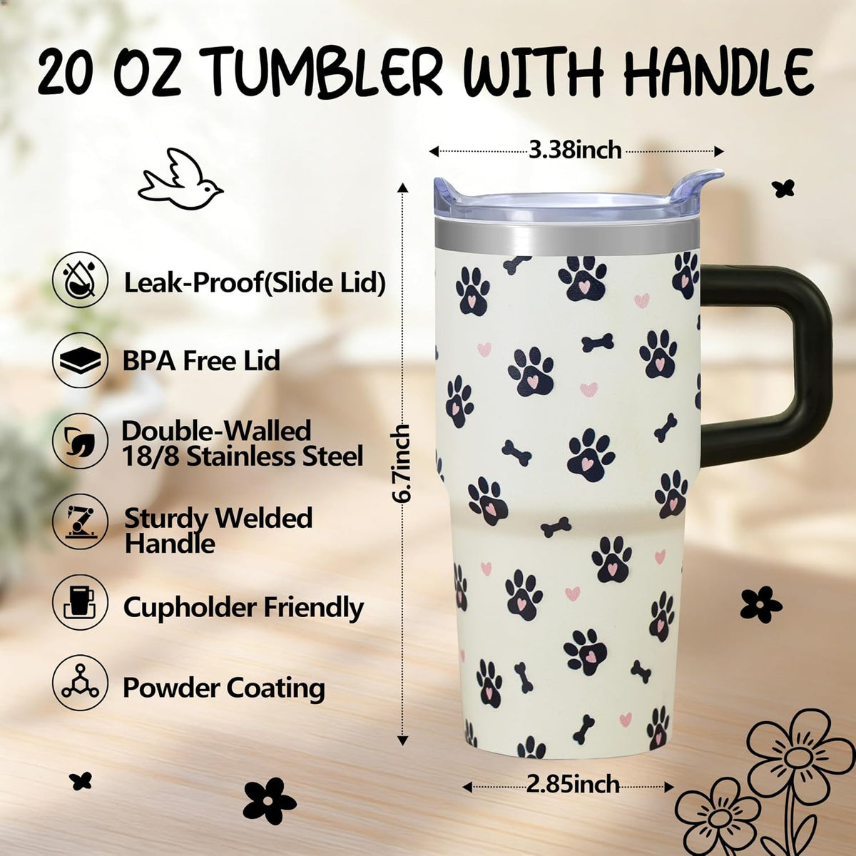 20oz Elegant Tulip Floral Insulated Tumbler with Handle, Premium Stainless Steel Water Bottle with Rotating Lid Straw, Romantic Garden Gift for Women Girls Birthday Christmas Back to School
