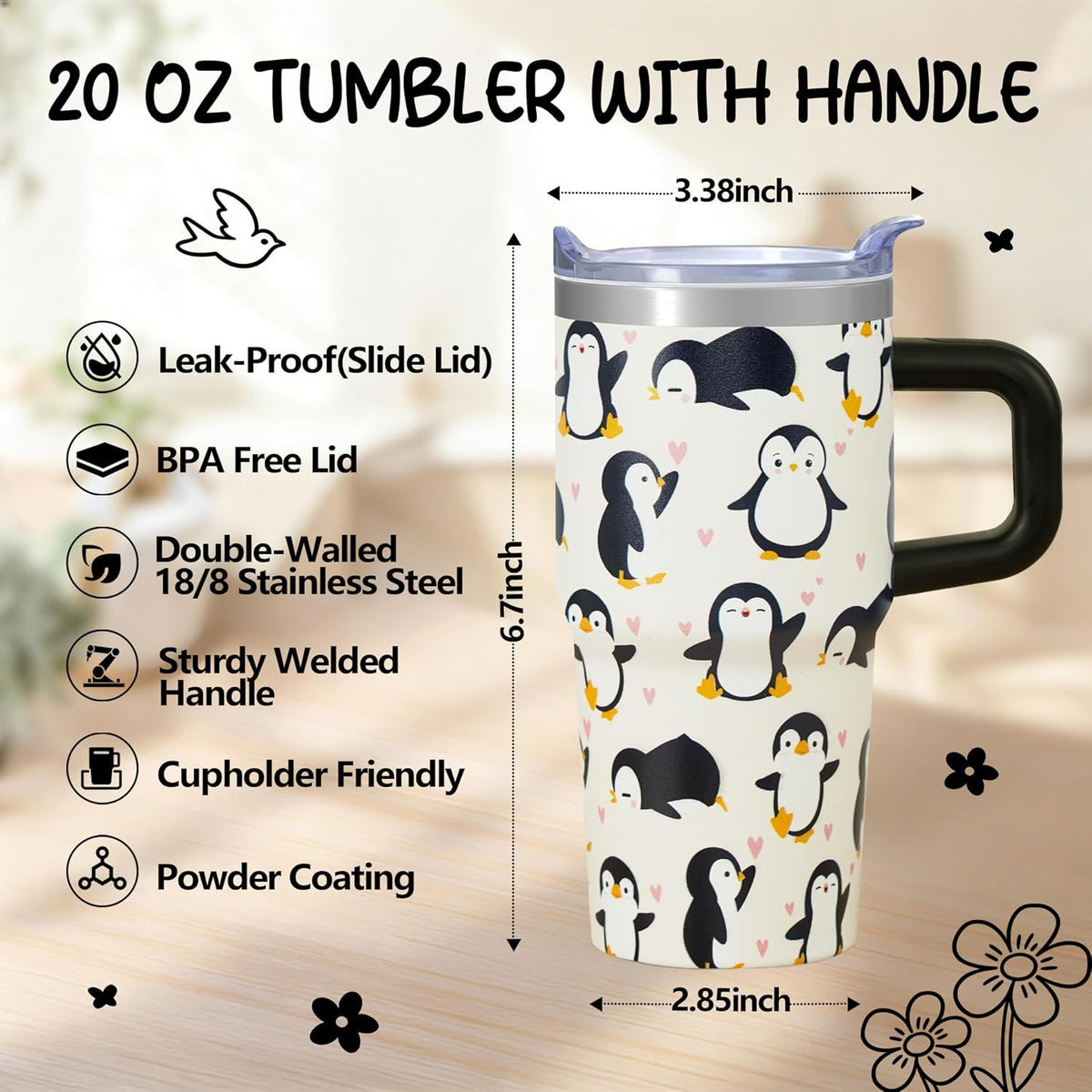 20oz Elegant Tulip Floral Insulated Tumbler with Handle, Premium Stainless Steel Water Bottle with Rotating Lid Straw, Romantic Garden Gift for Women Girls Birthday Christmas Back to School