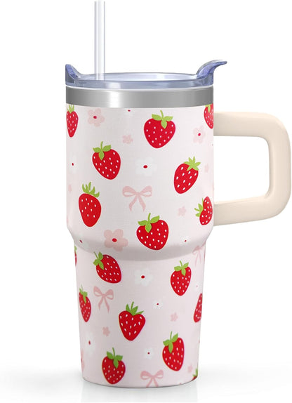 20oz Elegant Tulip Floral Insulated Tumbler with Handle, Premium Stainless Steel Water Bottle with Rotating Lid Straw, Romantic Garden Gift for Women Girls Birthday Christmas Back to School