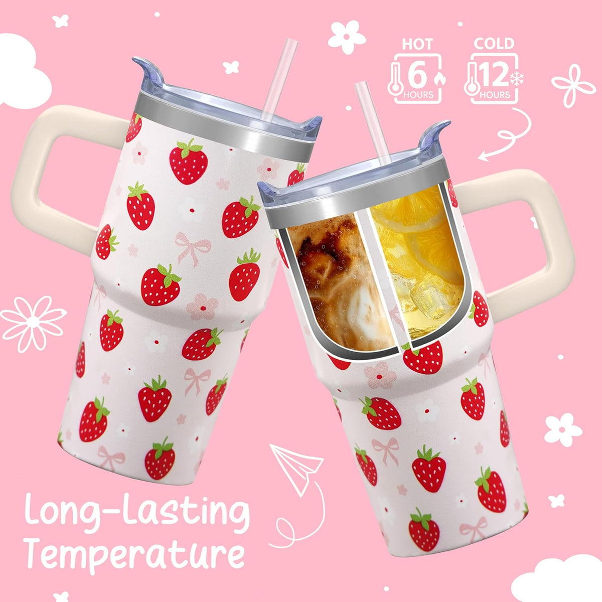 20oz Elegant Tulip Floral Insulated Tumbler with Handle, Premium Stainless Steel Water Bottle with Rotating Lid Straw, Romantic Garden Gift for Women Girls Birthday Christmas Back to School