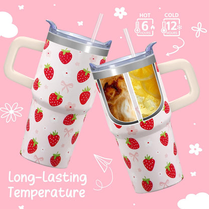20oz Elegant Tulip Floral Insulated Tumbler with Handle, Premium Stainless Steel Water Bottle with Rotating Lid Straw, Romantic Garden Gift for Women Girls Birthday Christmas Back to School