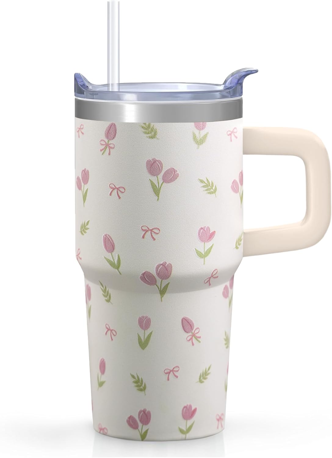 20oz Elegant Tulip Floral Insulated Tumbler with Handle, Premium Stainless Steel Water Bottle with Rotating Lid Straw, Romantic Garden Gift for Women Girls Birthday Christmas Back to School