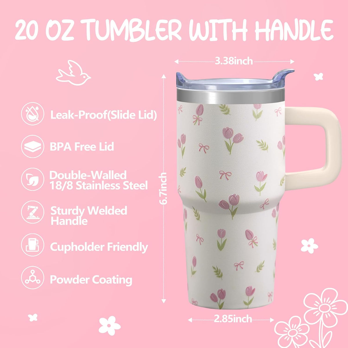 20oz Elegant Tulip Floral Insulated Tumbler with Handle, Premium Stainless Steel Water Bottle with Rotating Lid Straw, Romantic Garden Gift for Women Girls Birthday Christmas Back to School