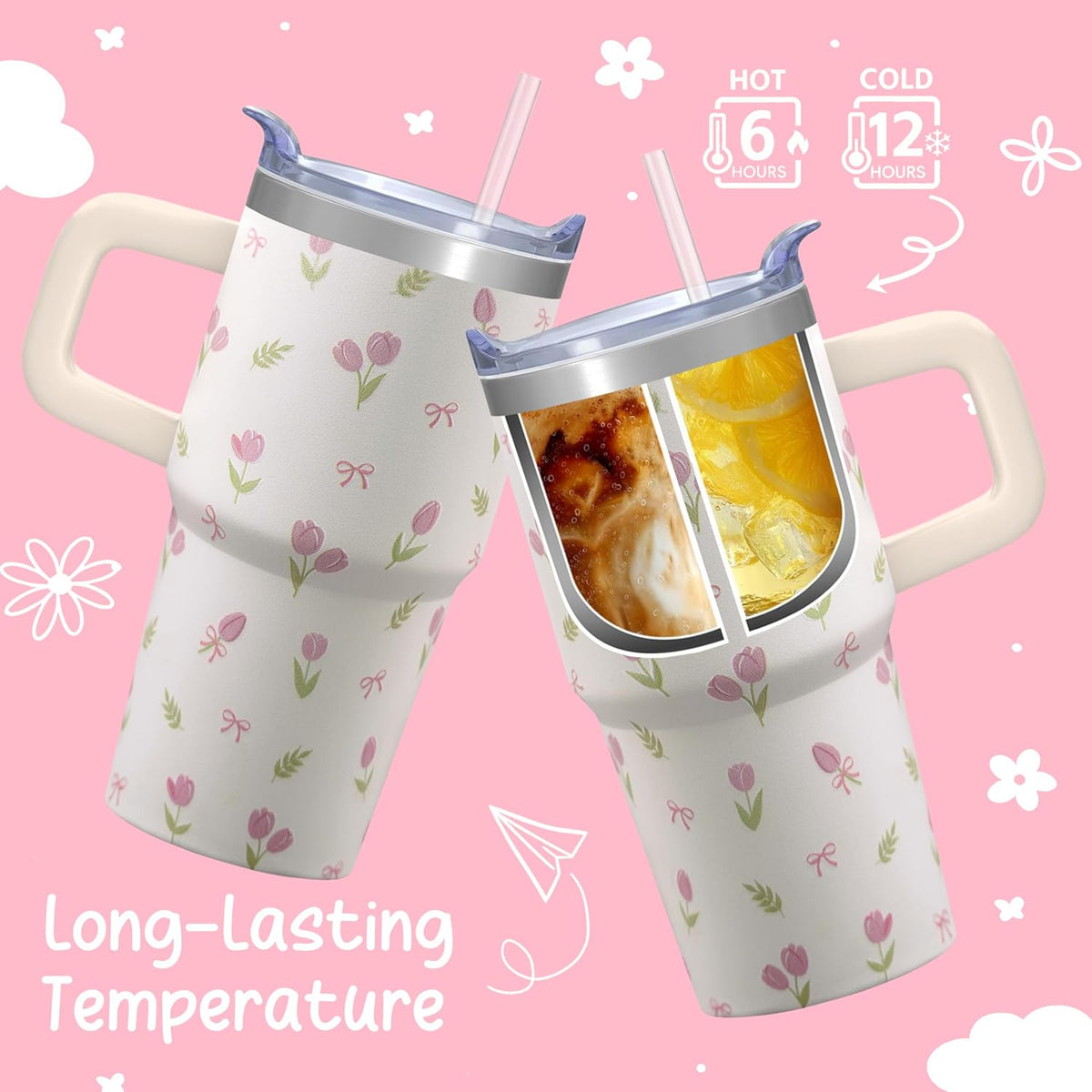 20oz Elegant Tulip Floral Insulated Tumbler with Handle, Premium Stainless Steel Water Bottle with Rotating Lid Straw, Romantic Garden Gift for Women Girls Birthday Christmas Back to School