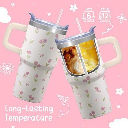 20oz Elegant Tulip Floral Insulated Tumbler with Handle, Premium Stainless Steel Water Bottle with Rotating Lid Straw, Romantic Garden Gift for Women Girls Birthday Christmas Back to School