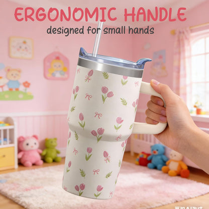 20oz Elegant Tulip Floral Insulated Tumbler with Handle, Premium Stainless Steel Water Bottle with Rotating Lid Straw, Romantic Garden Gift for Women Girls Birthday Christmas Back to School