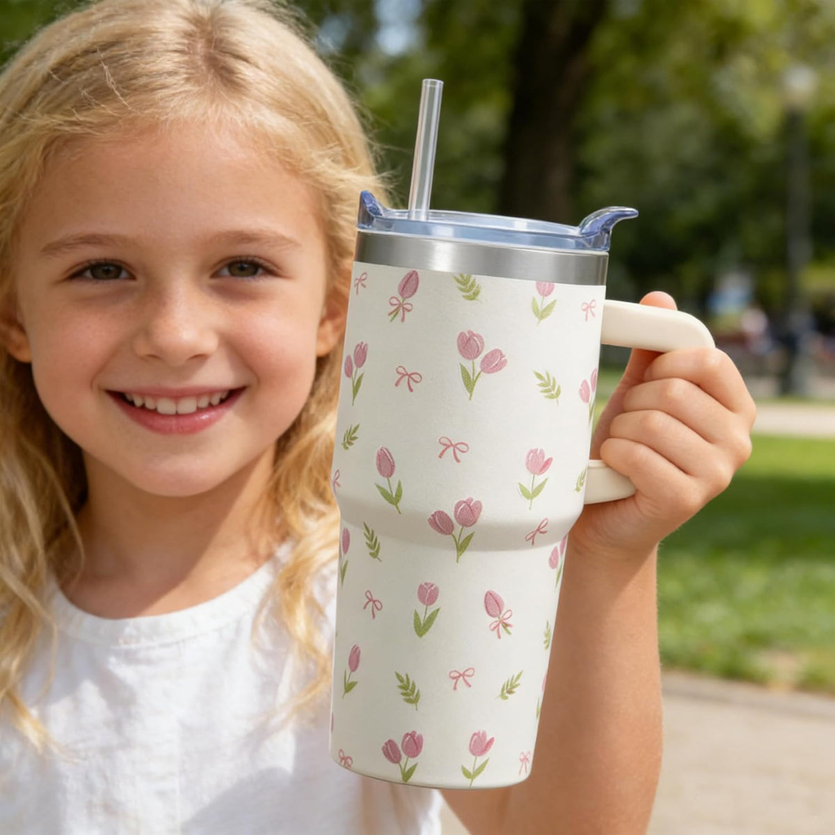 20oz Elegant Tulip Floral Insulated Tumbler with Handle, Premium Stainless Steel Water Bottle with Rotating Lid Straw, Romantic Garden Gift for Women Girls Birthday Christmas Back to School