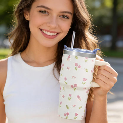 20oz Elegant Tulip Floral Insulated Tumbler with Handle, Premium Stainless Steel Water Bottle with Rotating Lid Straw, Romantic Garden Gift for Women Girls Birthday Christmas Back to School