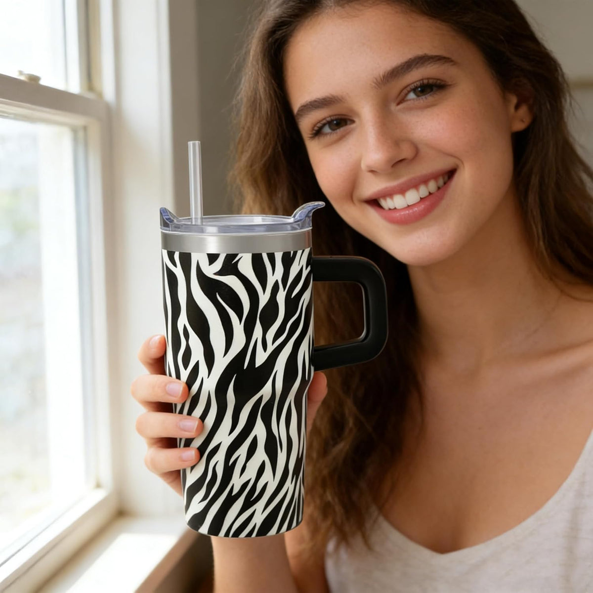20oz Elegant Tulip Floral Insulated Tumbler with Handle, Premium Stainless Steel Water Bottle with Rotating Lid Straw, Romantic Garden Gift for Women Girls Birthday Christmas Back to School