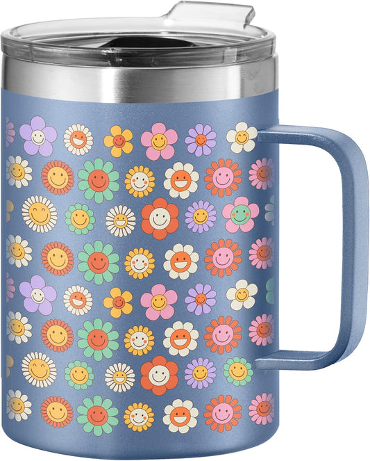 ThermoMug Stainless Steel Insulated Mug- Double Wall Vacuum Insulated w/Handle & Lid, Coffee Cup, Camping Mug, Travel Thermos, 14oz(420ml), Happy Flowers