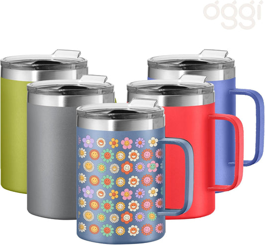 ThermoMug Stainless Steel Insulated Mug- Double Wall Vacuum Insulated w/Handle & Lid, Coffee Cup, Camping Mug, Travel Thermos, 14oz(420ml), Happy Flowers