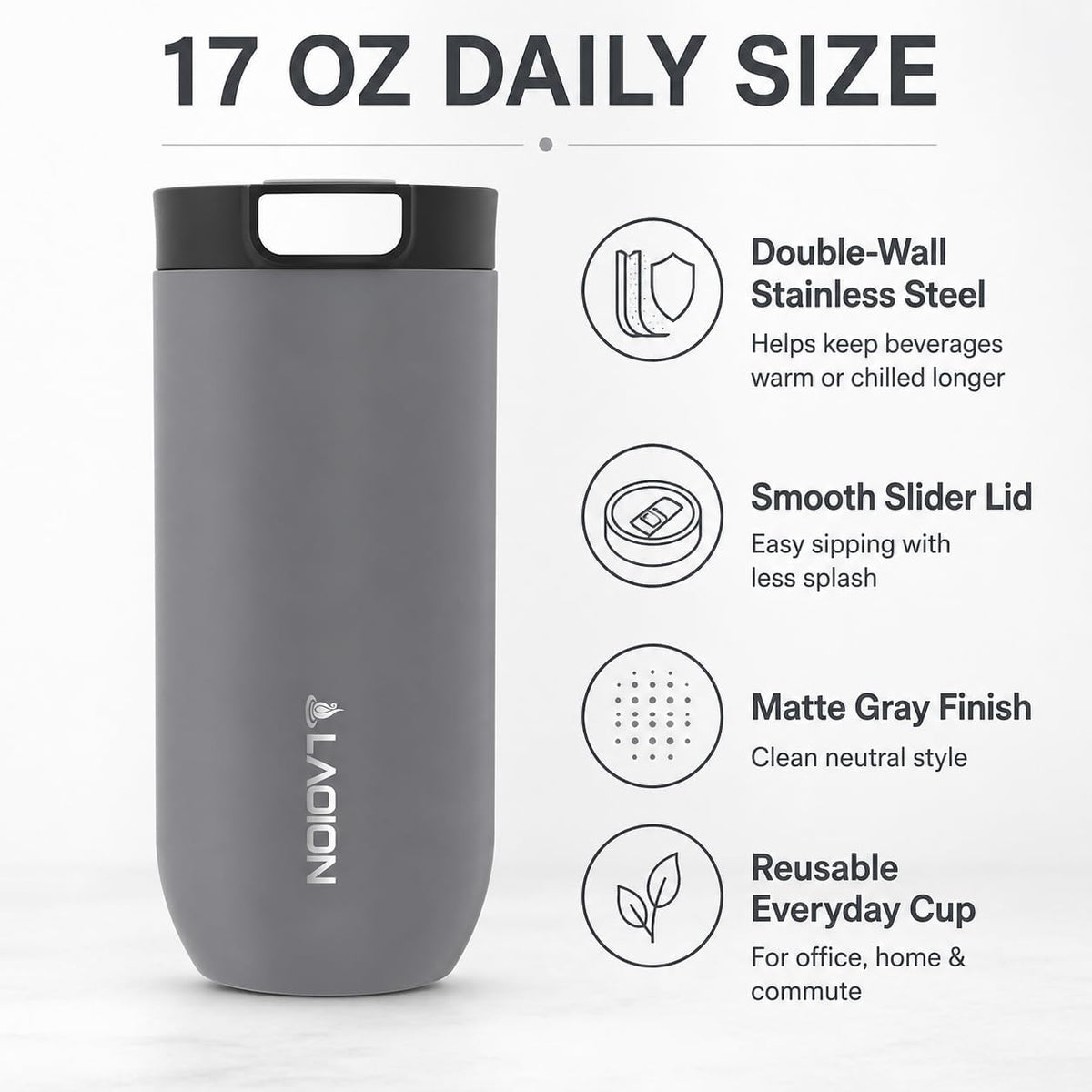 17 oz Insulated Coffee Tumbler, Stainless Steel Travel Coffee Mug