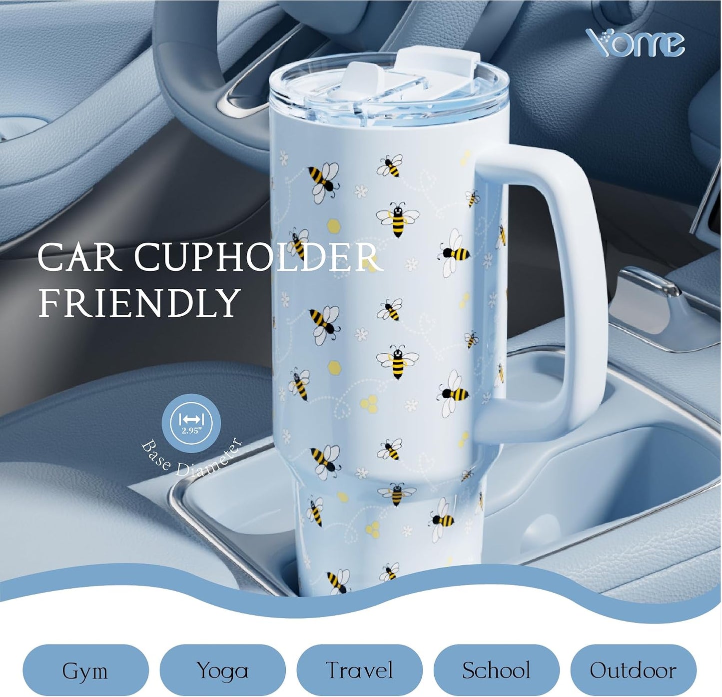 YOME 40oz Bow Cherry Tumbler Handle and Flip Straw | Stainless Steel Insulated Cute Water Bottle | Keeps Drinks Cold | Dishwasher Safe | Cupholder Friendly | Gift Gym Travel Yoga - Colors B