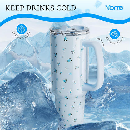YOME 40oz Bow Cherry Tumbler Handle and Flip Straw | Stainless Steel Insulated Cute Water Bottle | Keeps Drinks Cold | Dishwasher Safe | Cupholder Friendly | Gift Gym Travel Yoga - Colors B