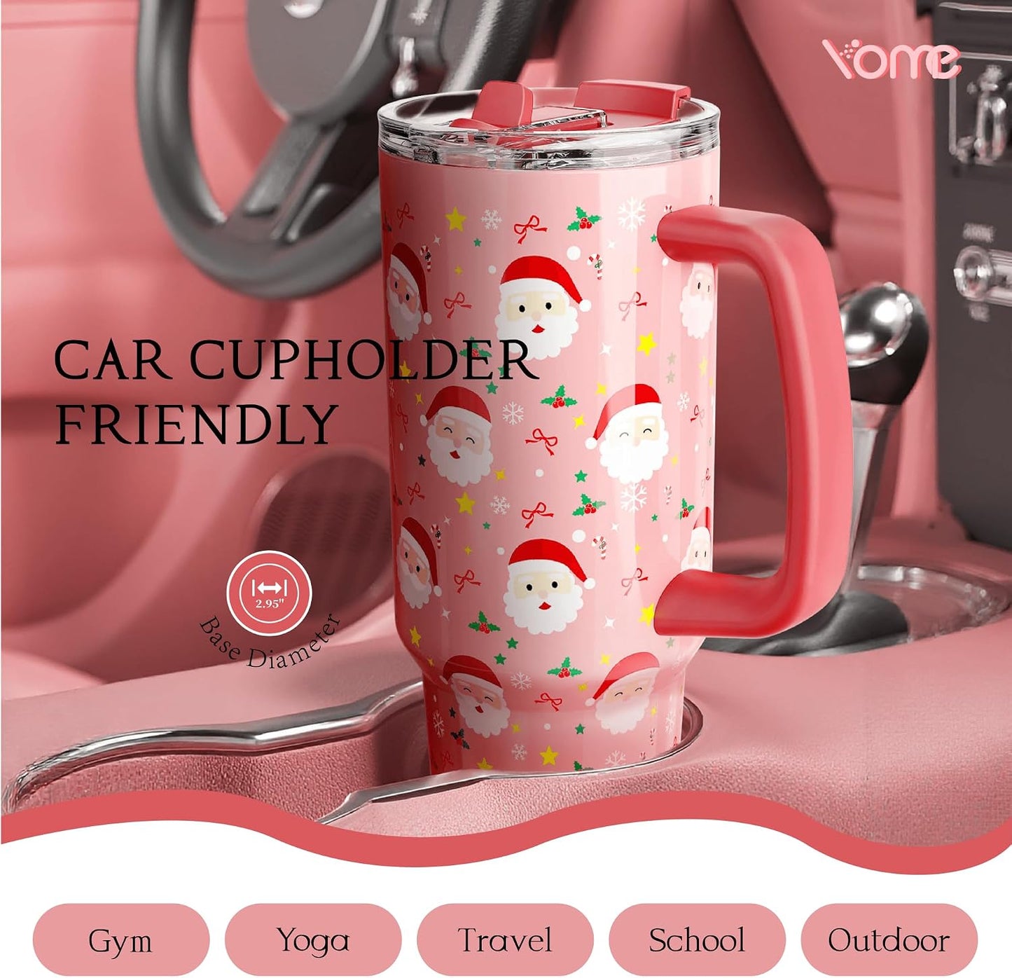 YOME 40oz Bow Cherry Tumbler Handle and Flip Straw | Stainless Steel Insulated Cute Water Bottle | Keeps Drinks Cold | Dishwasher Safe | Cupholder Friendly | Gift Gym Travel Yoga - Colors B