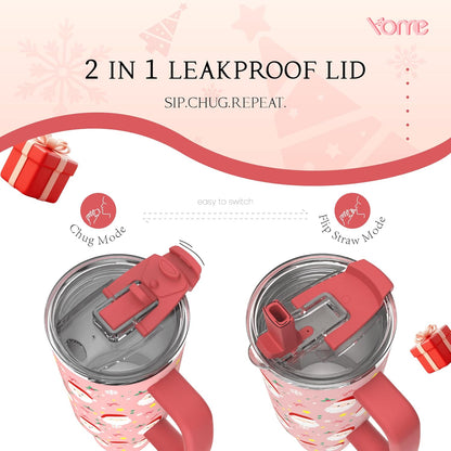 YOME 40oz Bow Cherry Tumbler Handle and Flip Straw | Stainless Steel Insulated Cute Water Bottle | Keeps Drinks Cold | Dishwasher Safe | Cupholder Friendly | Gift Gym Travel Yoga - Colors B