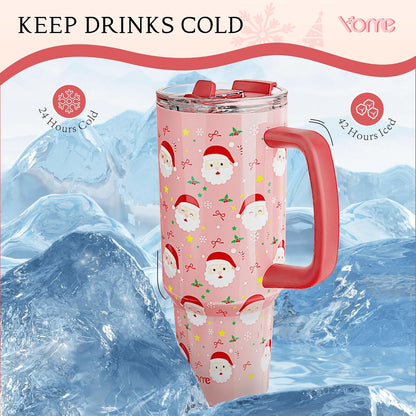 YOME 40oz Bow Cherry Tumbler Handle and Flip Straw | Stainless Steel Insulated Cute Water Bottle | Keeps Drinks Cold | Dishwasher Safe | Cupholder Friendly | Gift Gym Travel Yoga - Colors B
