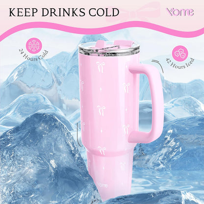YOME 40oz Bow Cherry Tumbler Handle and Flip Straw | Stainless Steel Insulated Cute Water Bottle | Keeps Drinks Cold | Dishwasher Safe | Cupholder Friendly | Gift Gym Travel Yoga - Colors B